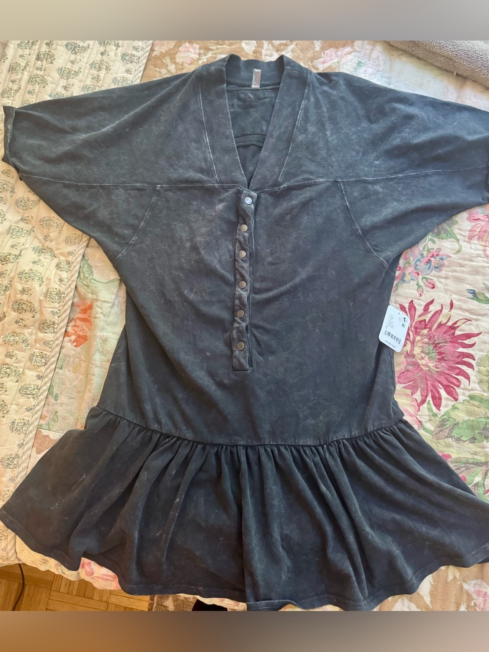 Washed Black Button-Front Ruffle-Hem Women's romper